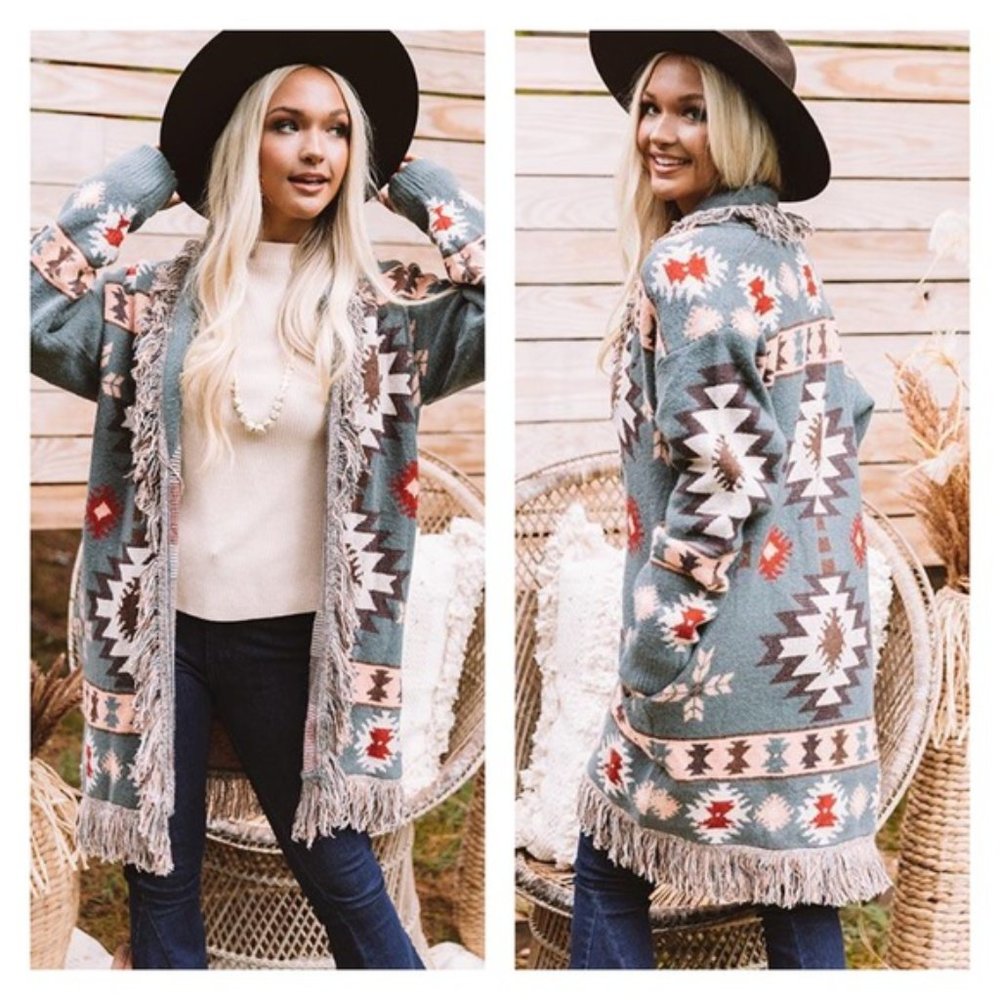 New Aztec Print Blanket Western Fringe Cardigan Sweater Coat - Picture 3 of 10
